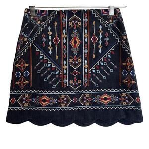 Blue Rain Navy Corduroy Mini Skirt S NWT Scallop Hem Embroidered Geometric